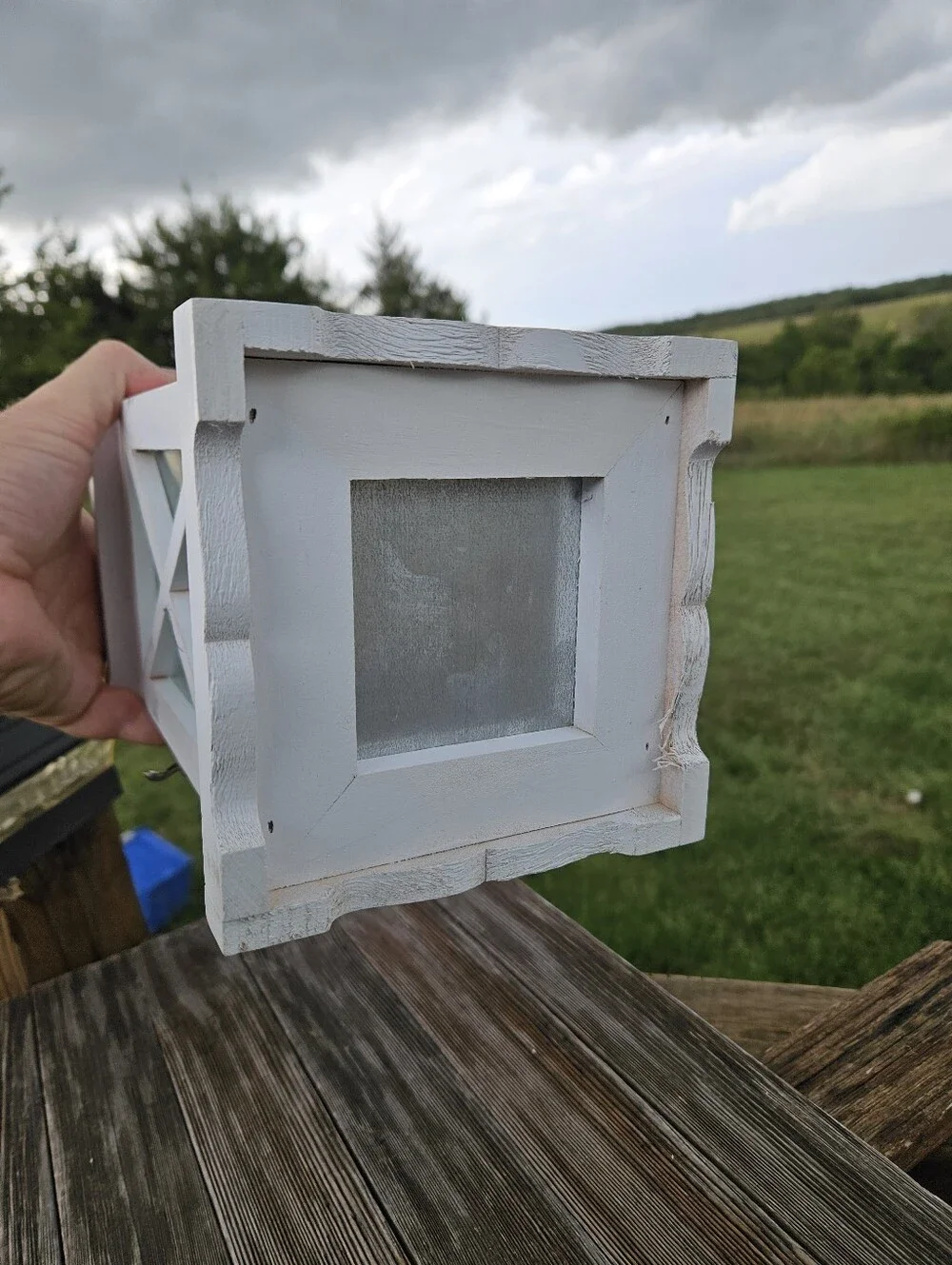 Vintage White Wood Candle Lantern Galvanized Metal Top Country Farmhouse Decor
